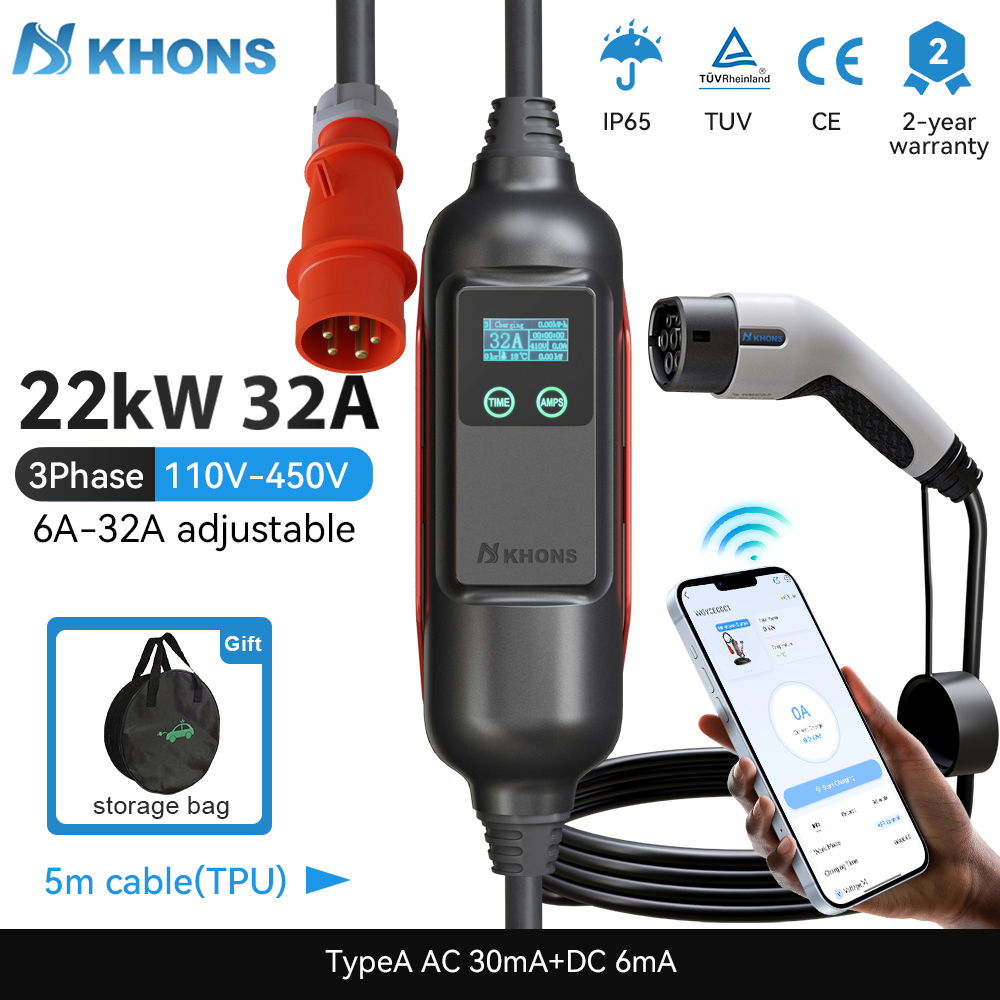 Ev Charger Type 2 22Kw 32A 3 Phase - Khons แบบพกพา EV Charger Type2 32A