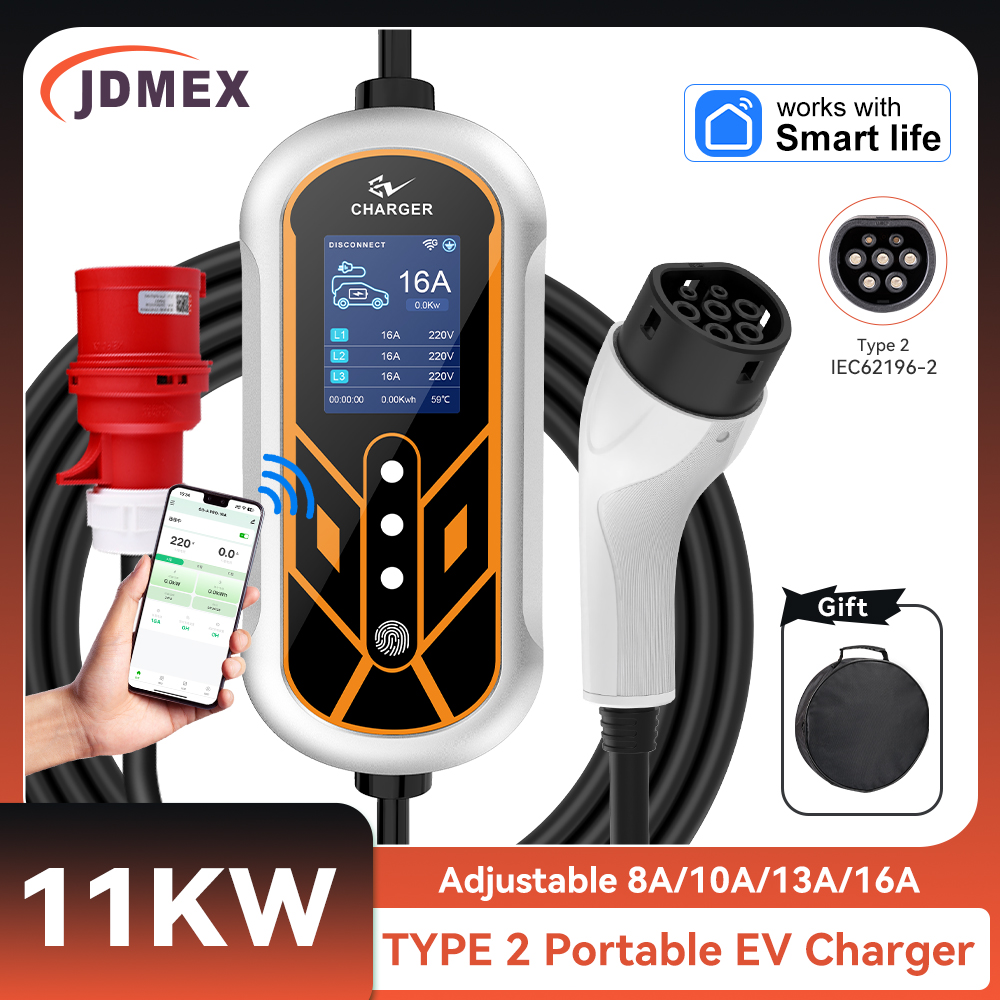 Type 2 Portable Ev Charger 11Kw Cee - JDMEX 11KW Type2 EV Charger แบบพกพา
