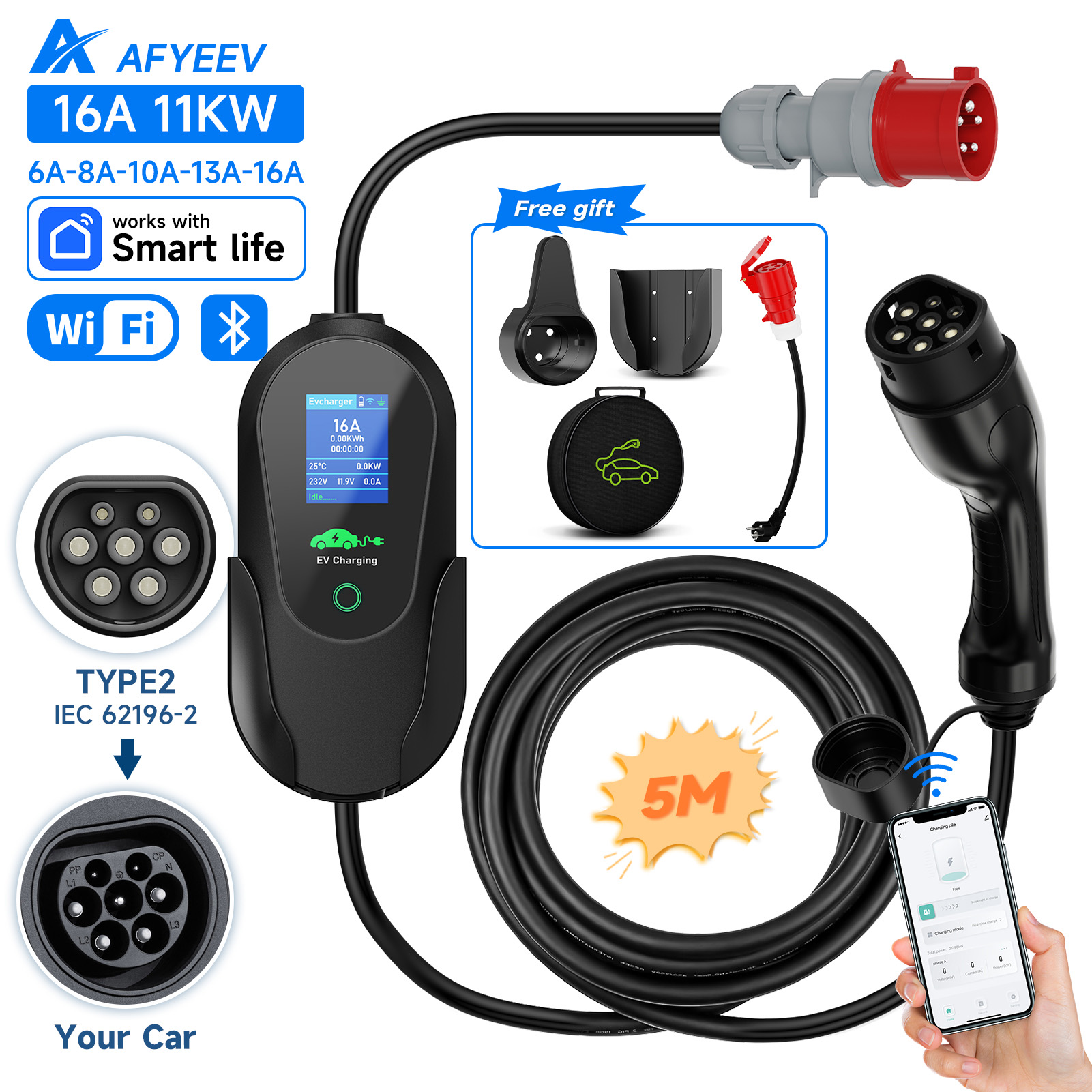 Type 2 Portable Ev Charger 11Kw Cee - AFYEEV Type2 แบบพกพา EV Charger 11KW